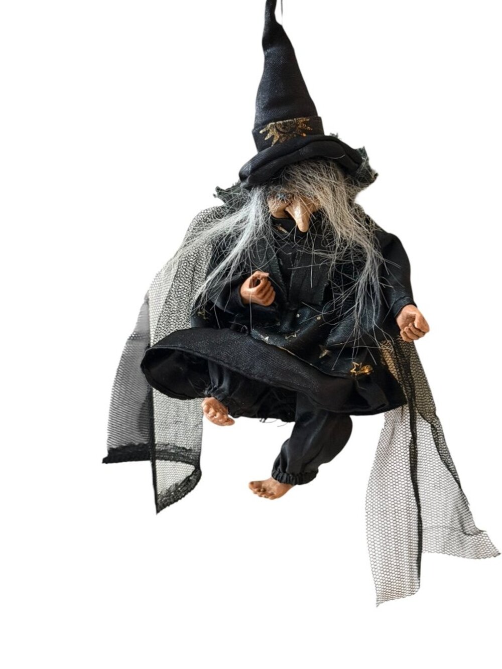 Vintage Hanging Halloween Witch Figure Black Fabric Gray Hair 9" Decoration Miss